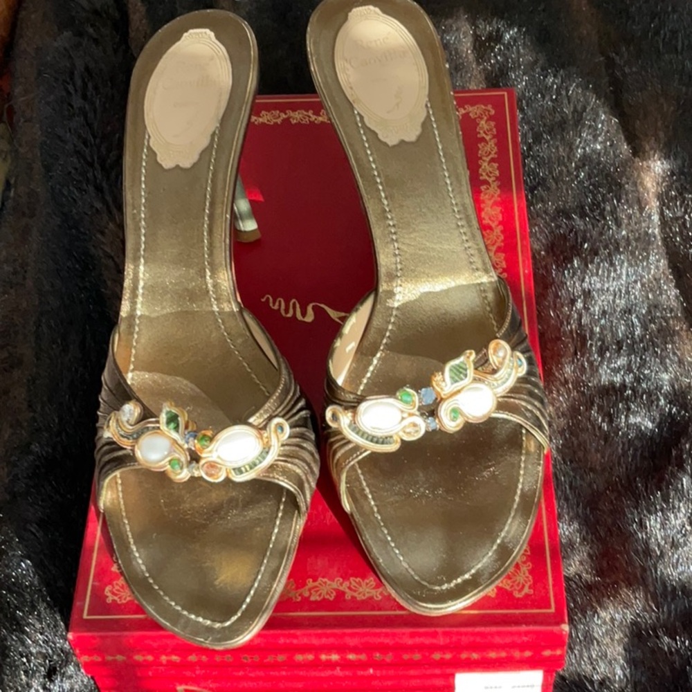 RENE CAOVILLA jeweled heels 40 9.5 10 khaki bronze open toe shoes
